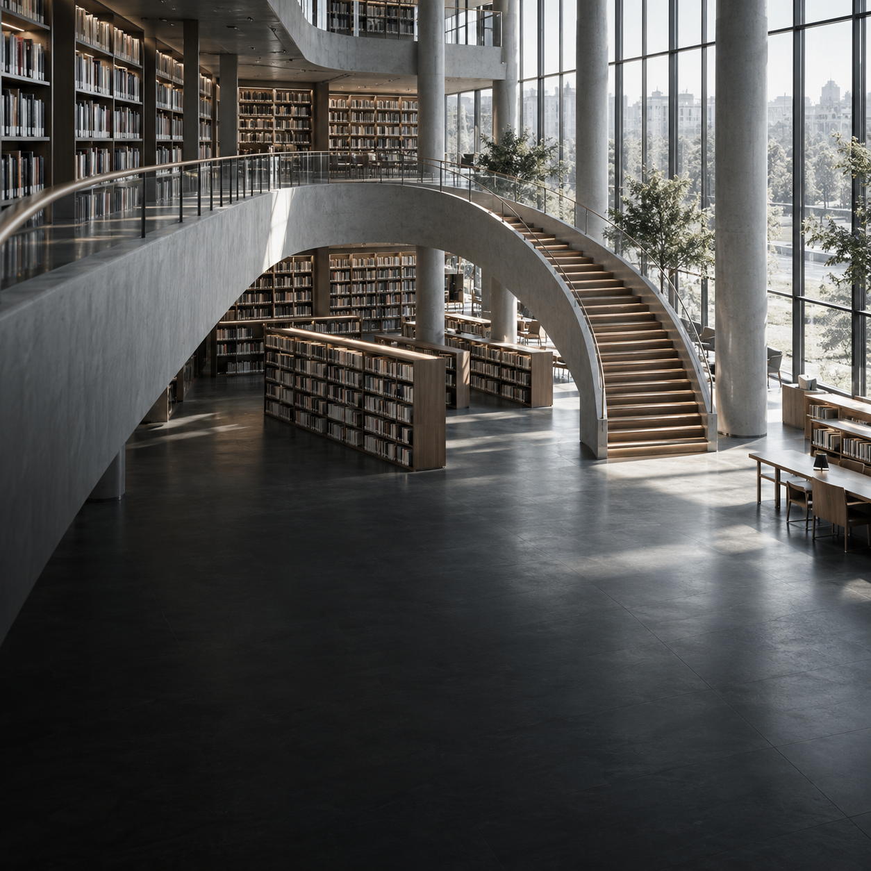 Illustrative library interior with bookshelves, an open staircase and tall windows.